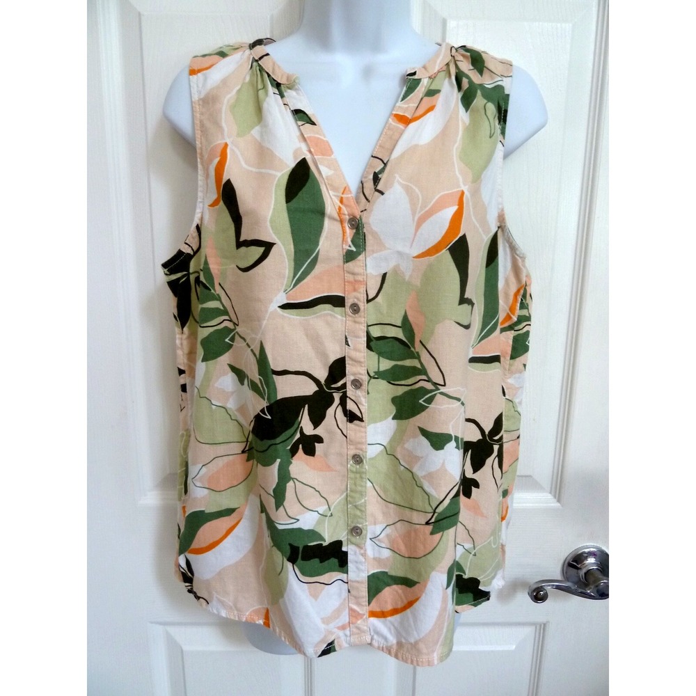 *NICOLE MILLER Sz Small LINEN Blend Sleeveless Button Up Blouse Tropical*